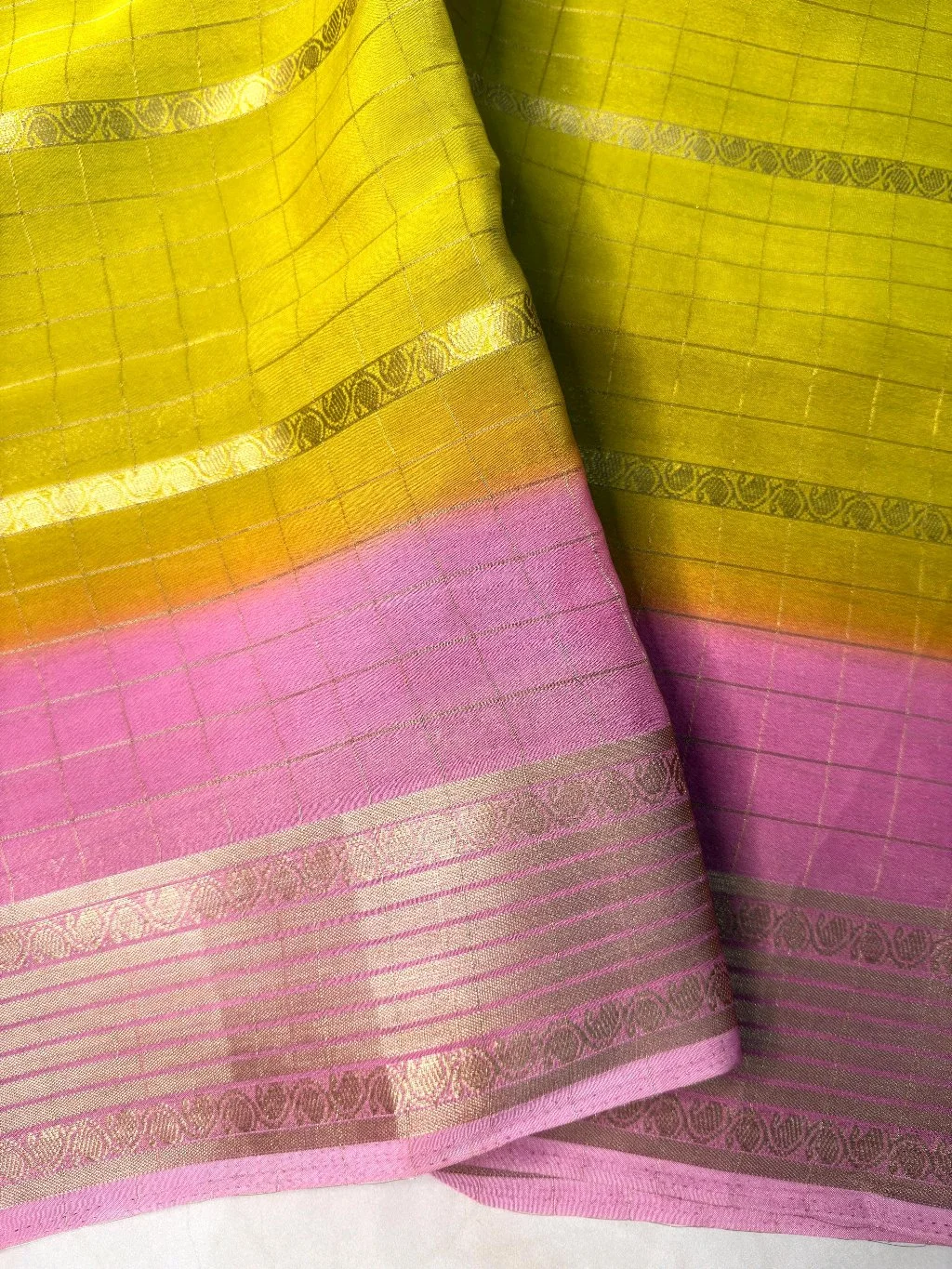 Viscose Chunon Saree with Gold Zari Border and Bandhani Blouse 3
