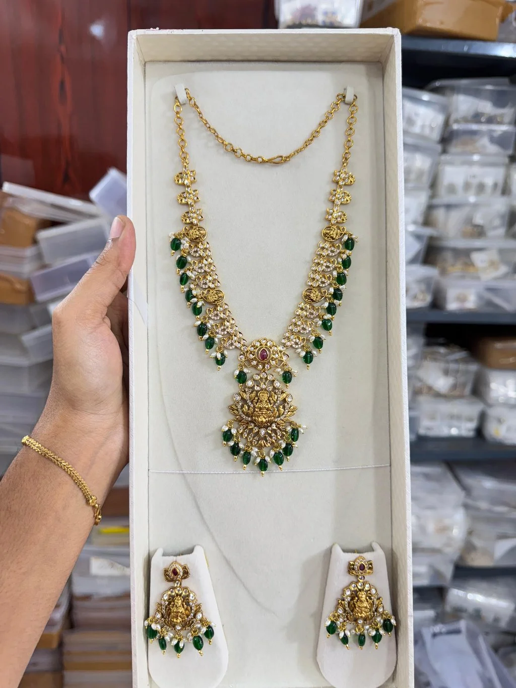 Gold Plated Lakshmi Temple Necklace Set with Green Beads