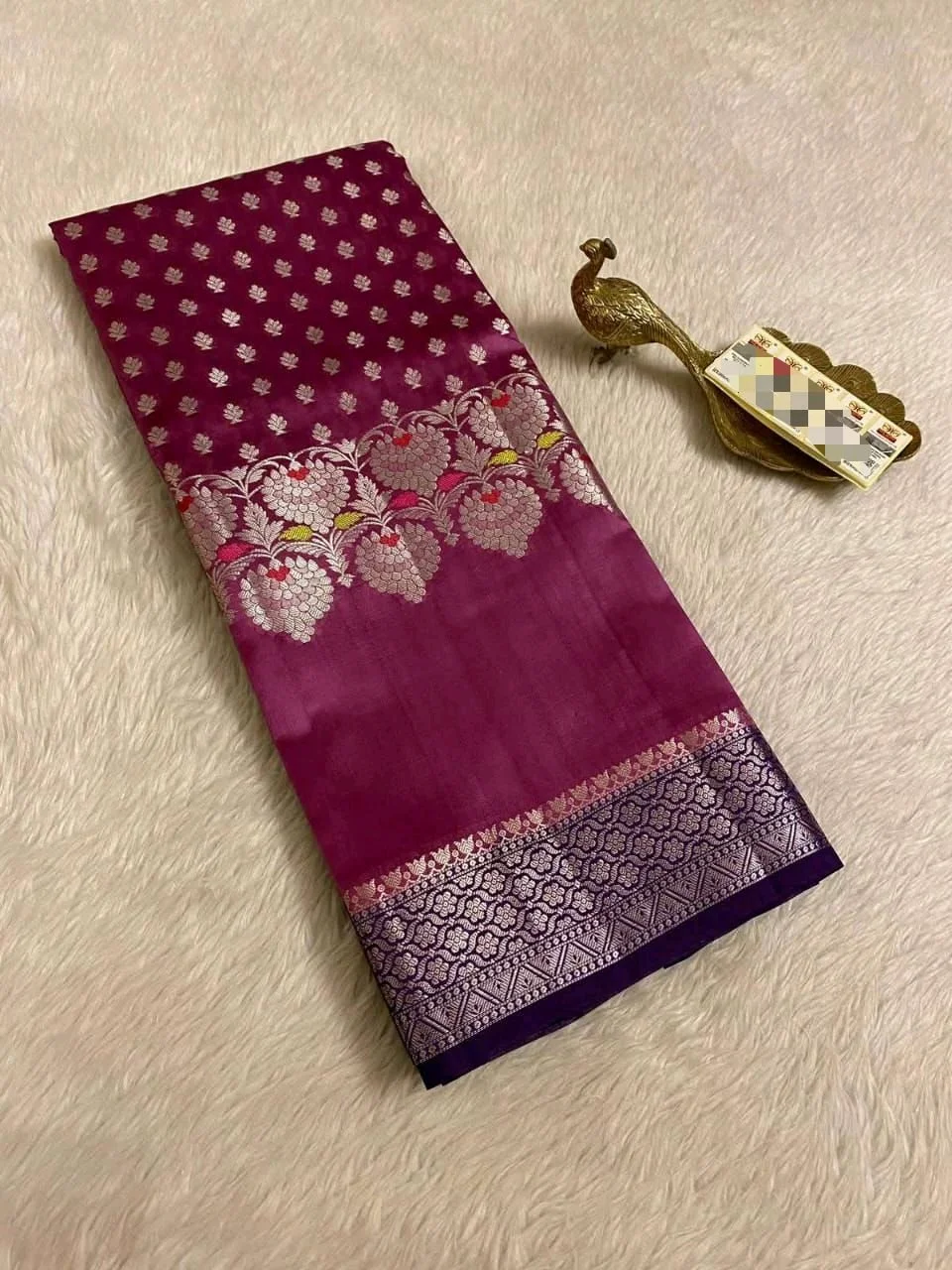 Banarasi Katan Silk Blend Saree with Floral Silver Zari Weave 9