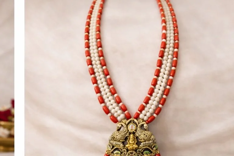 Traditional Coral and Pearl Temple Necklace Set thumbnail 2