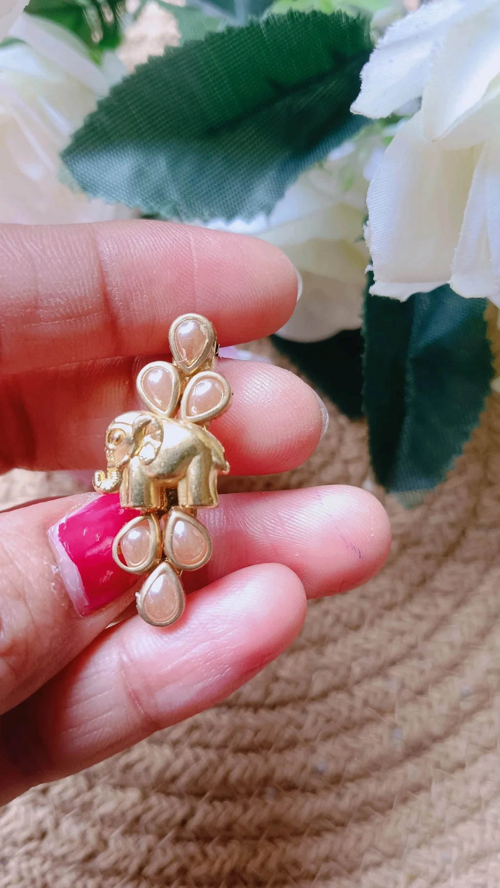 Gold Tone Elephant Saree Brooch Pin with Pink Stones