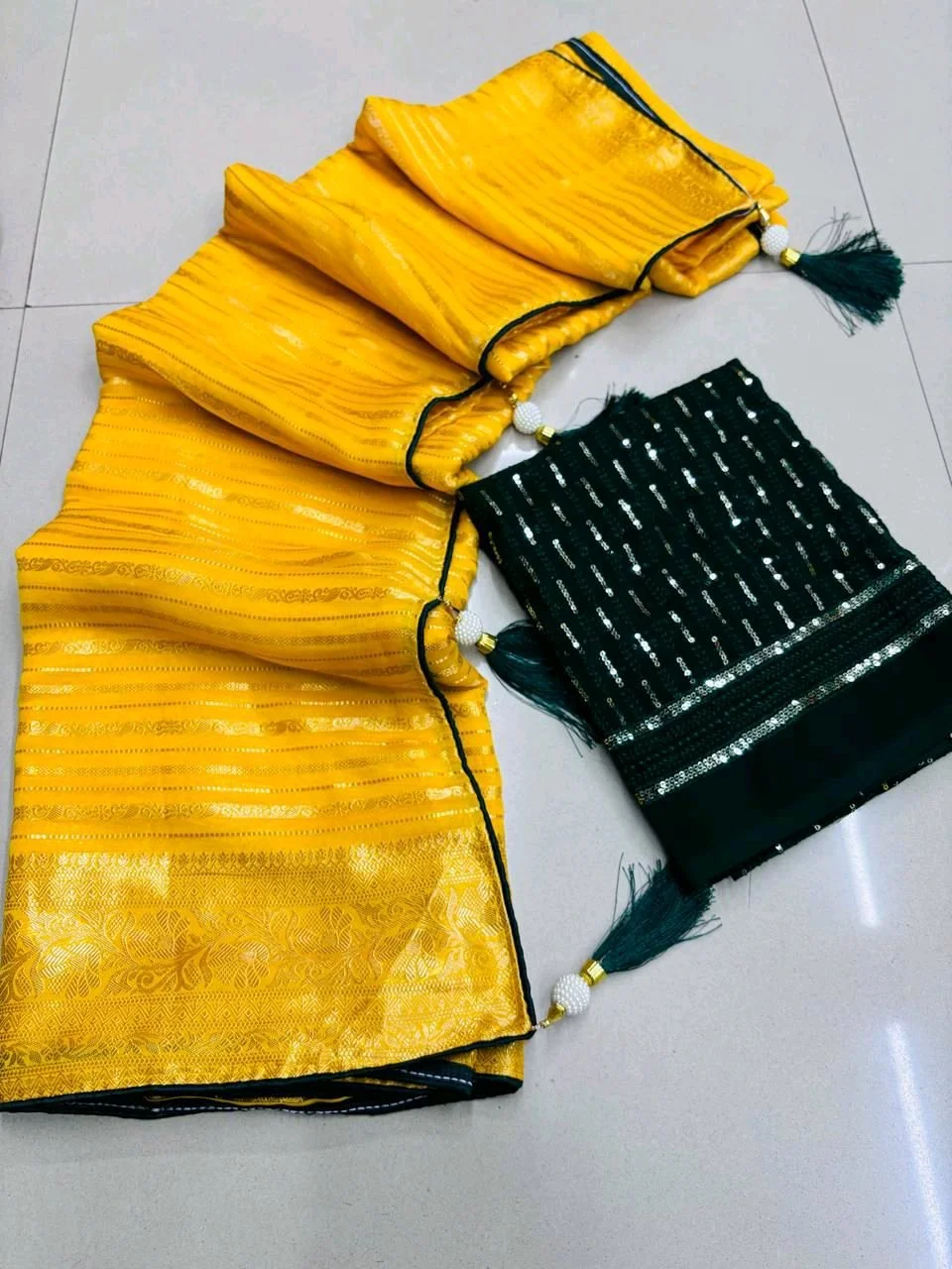 Yellow Zari Woven Saree with Maroon Sequin Blouse Piece thumbnail 6