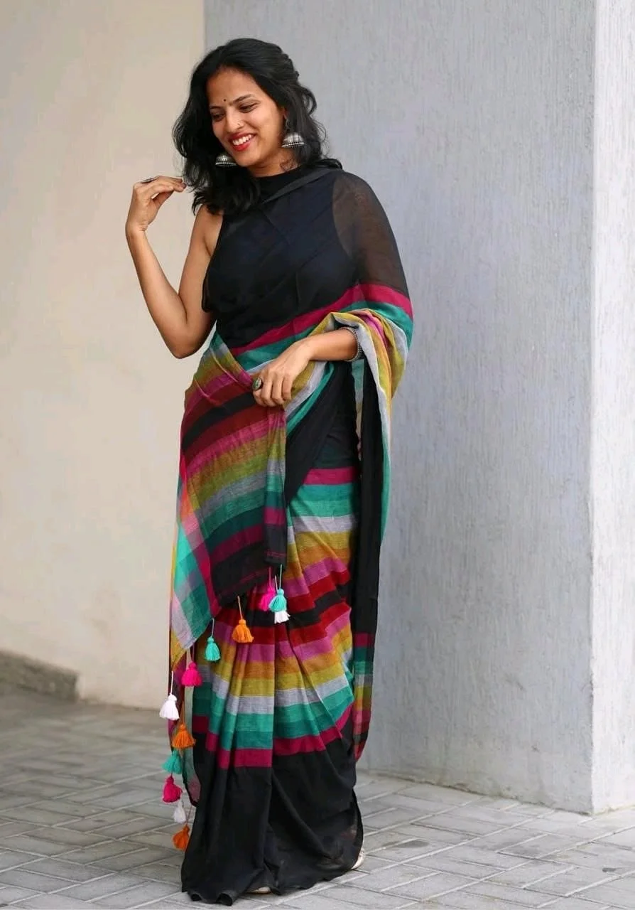 Vibrant Multicolor Plain Linen Cotton Saree with Tassels thumbnail 2