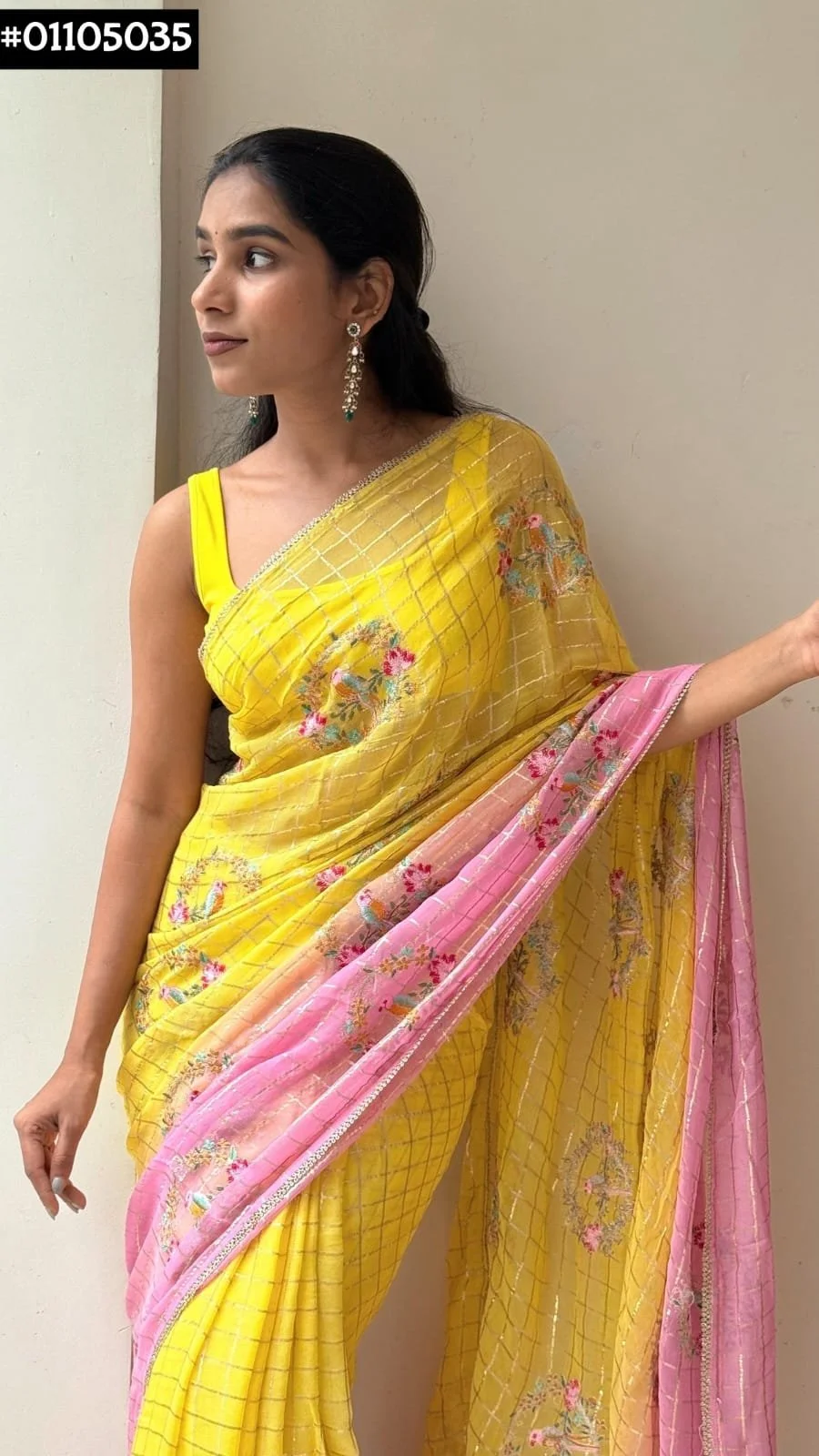 Soft Georgette Checkered Saree with Bird Embroidery thumbnail 5