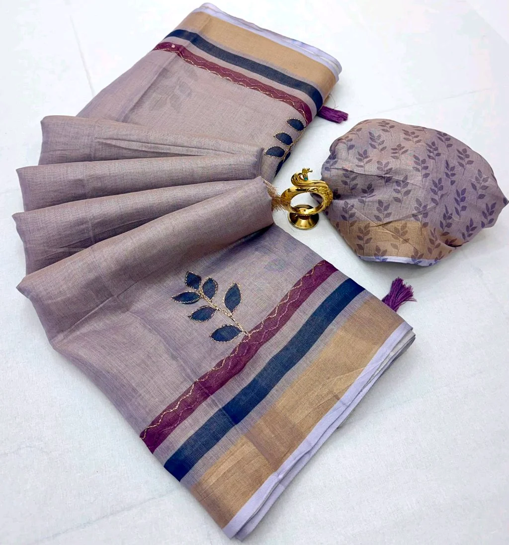 Pink Linen Blend Saree with Leaf Embroidery and Striped Border thumbnail 3
