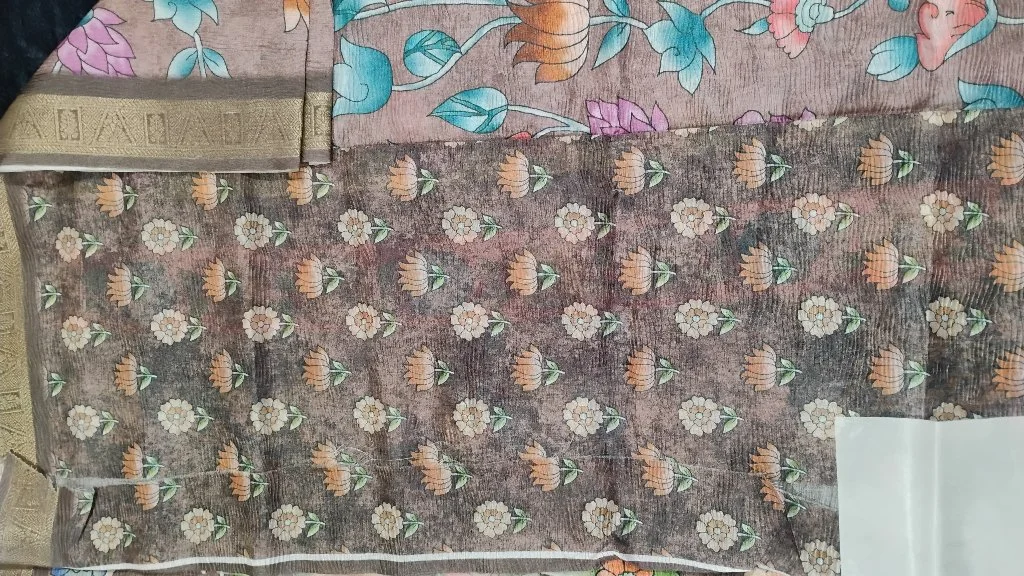 Beige Floral Peacock Print Silk Saree with Zari Border 2