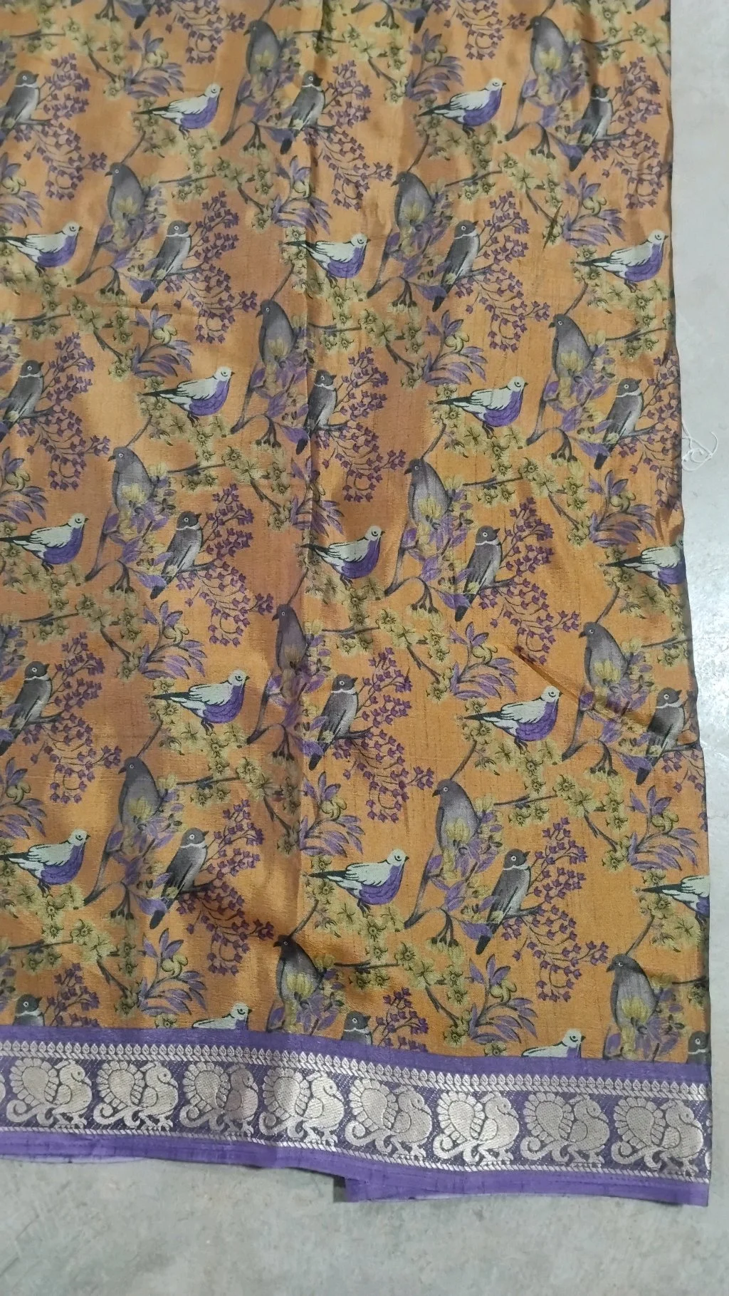 Maheshwari Silk Sarees,Golden Mustard Silk Blend Saree with Bird Print and Purple Zari Border thumbnail 3