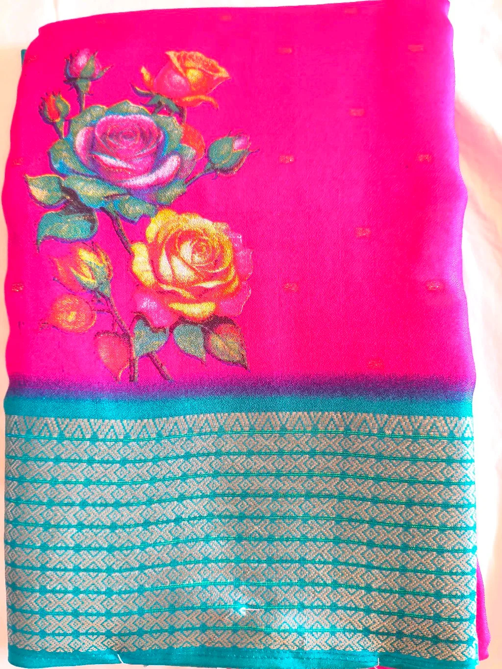 Pink Floral Print Saree with Teal Woven Border