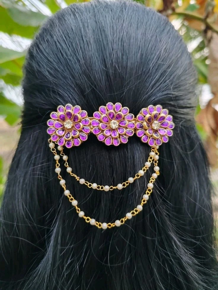 Purple Stone Floral Hair Clip with Pearl Chains