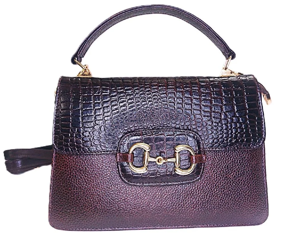 Dark Brown Crocodile Texture Handbag Genuine Leather