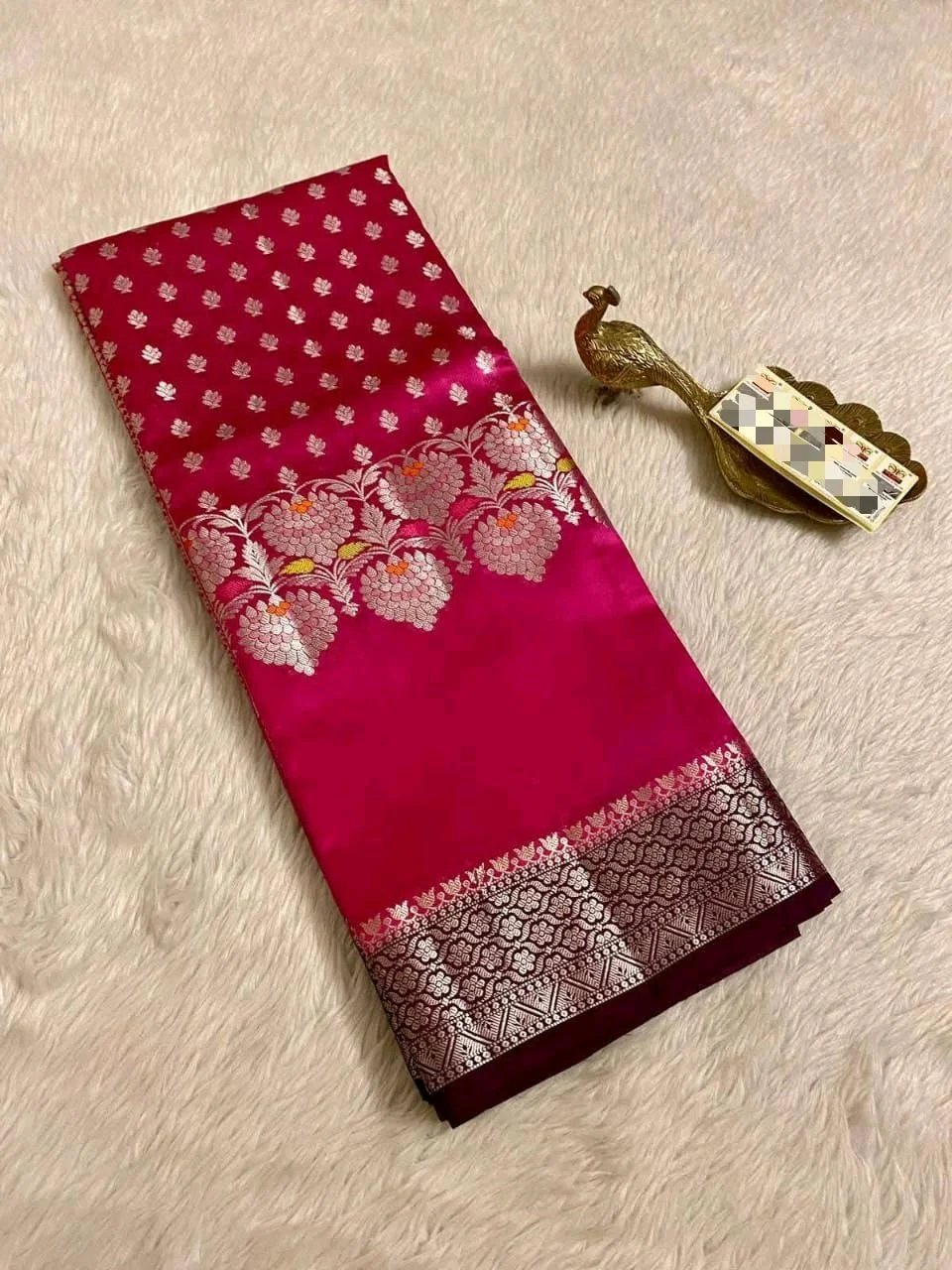 Banarasi Katan Silk Blend Saree with Floral Silver Zari Weave 8