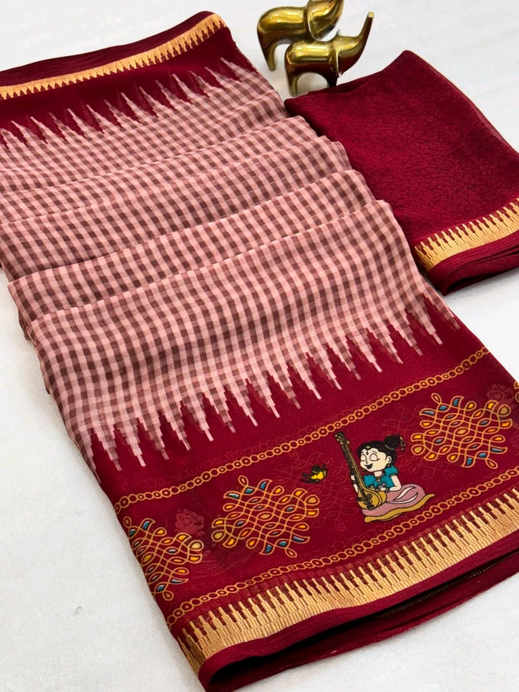 Checkered Maroon Saree with Cartoon Print Pallu thumbnail 1