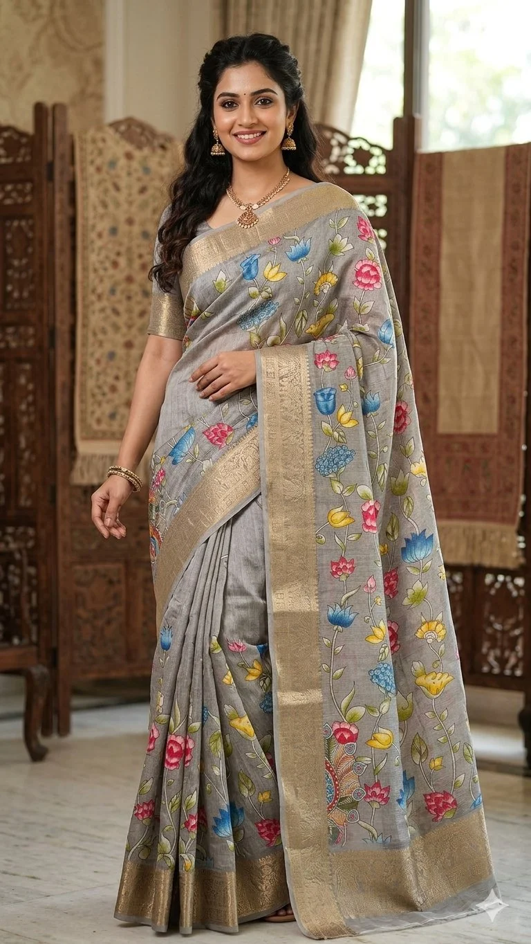 Grey Floral Peacock Print Saree with Zari Border 1