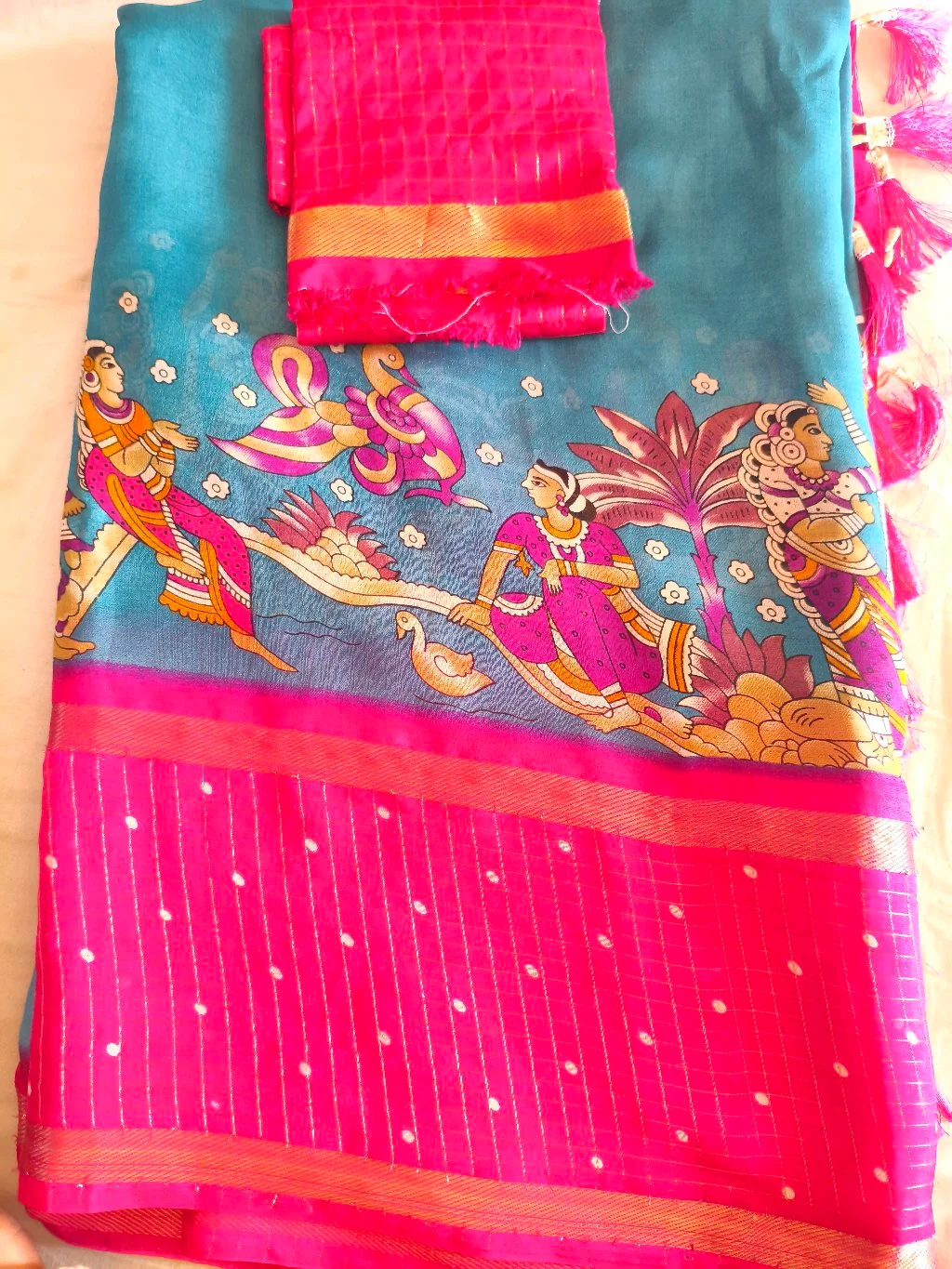 Teal and Pink Kalamkari Print Saree with Blouse Piece 1