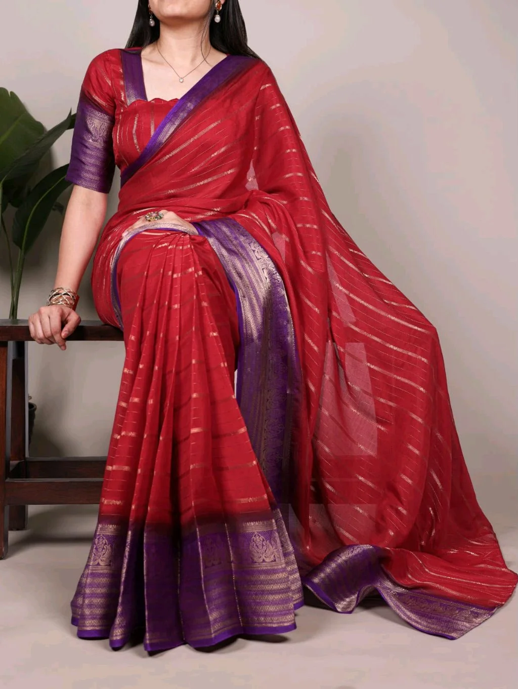Red Crepe Silk  Saree with Purple Zari Border 4