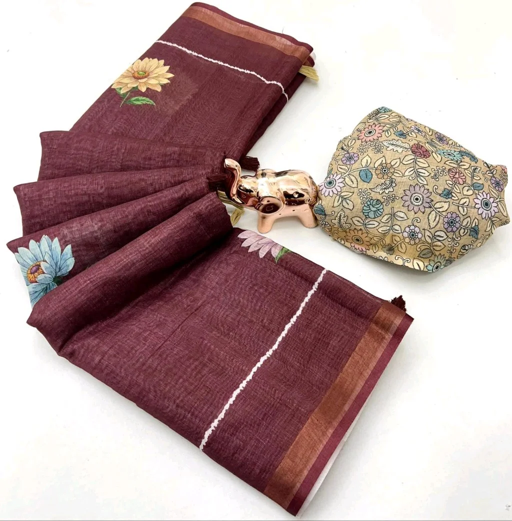 Floral Print Linen Blend Saree with Blouse Piece 8