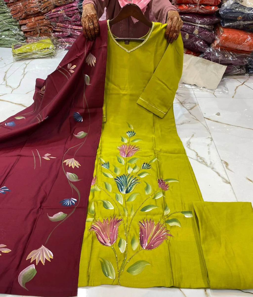 Roman silk fabricHandpainted Floral Kurta Set thumbnail 2