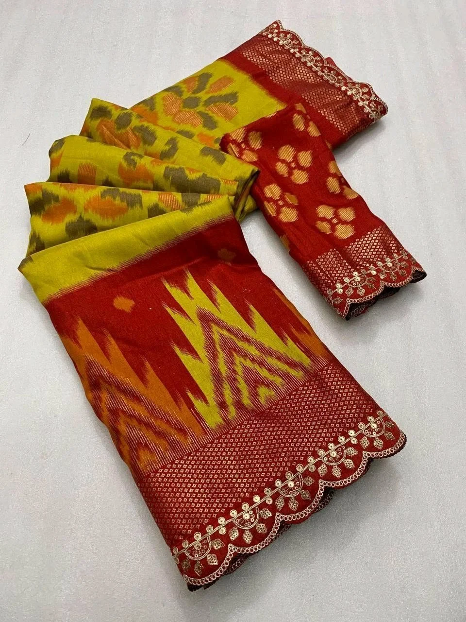 Red Ikat Saree with Blue Striped Pallu 10