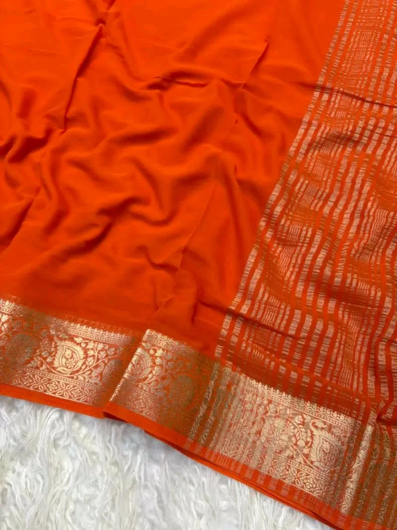 Viscose Crepe Georgette Saree with Gold Zari Border and Striped Pallu 4