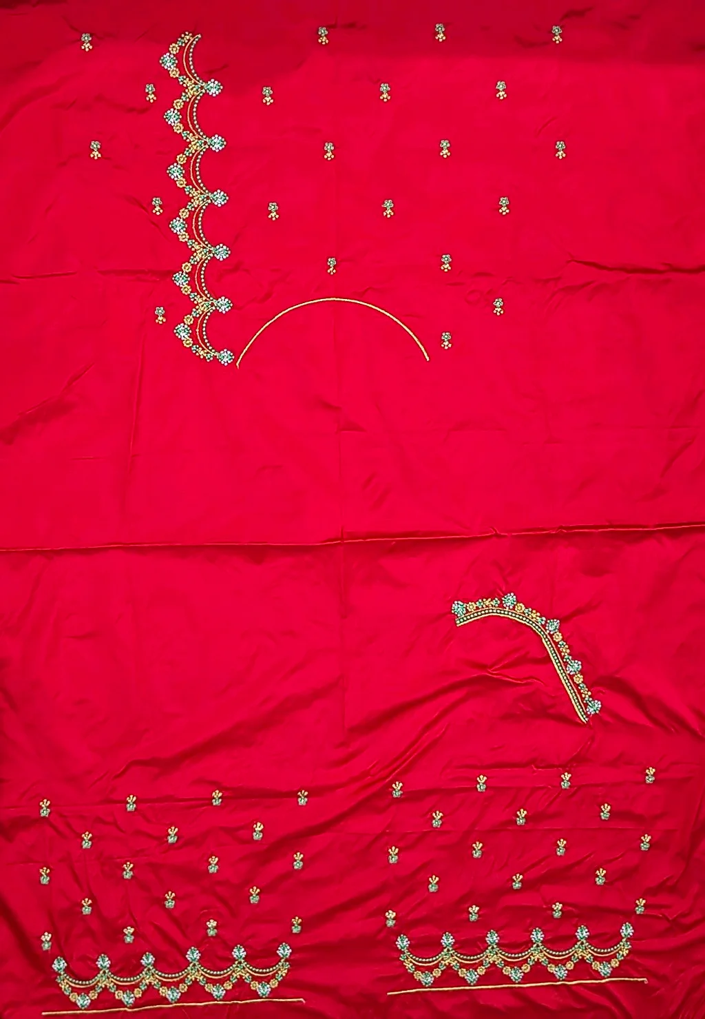 Red Computer Embroidery Blouse Piece with Floral Design thumbnail 1