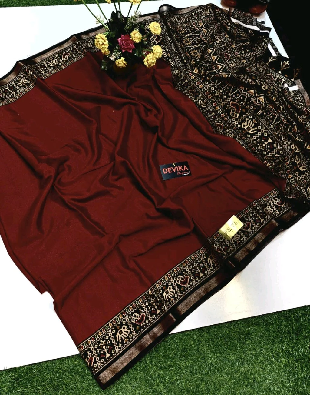 Maroon Mul Mul Soft Cotton Saree with Patola Inspired Border