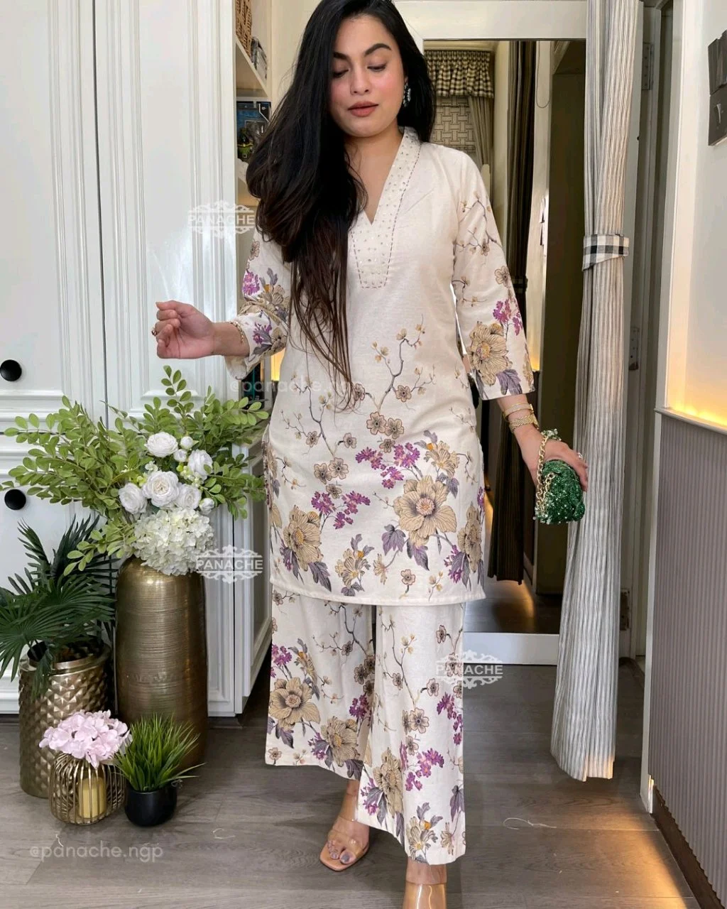 White Floral Print Palazzo Set with Embroidered Neck thumbnail 6