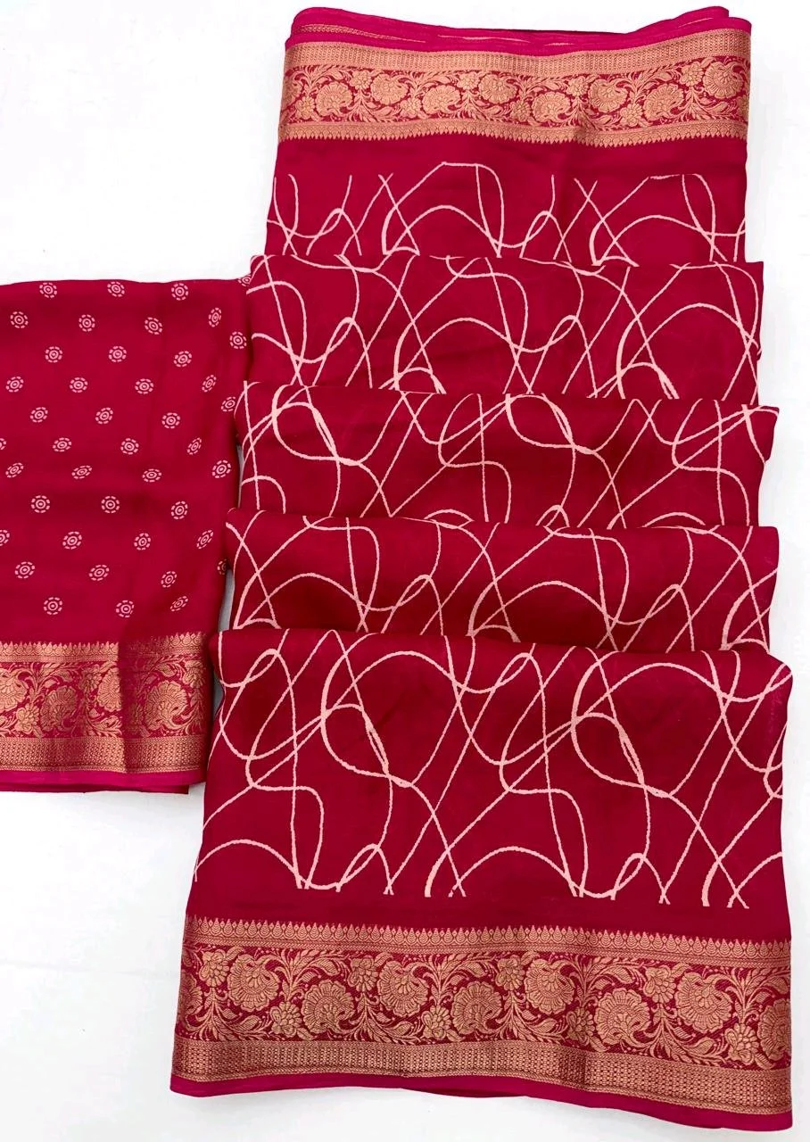 Marshmellow Print Saree with Abstract Print and Gold Zari Border thumbnail 9