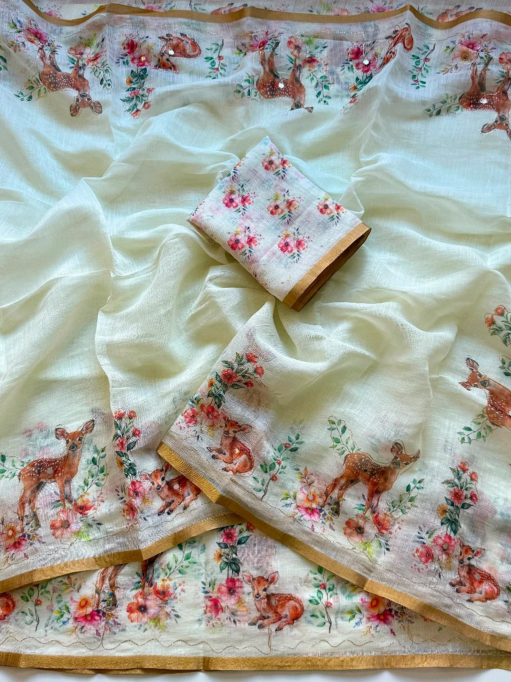 Off-White Cotton Linen Saree with Fawn and Floral Digital Print thumbnail 3