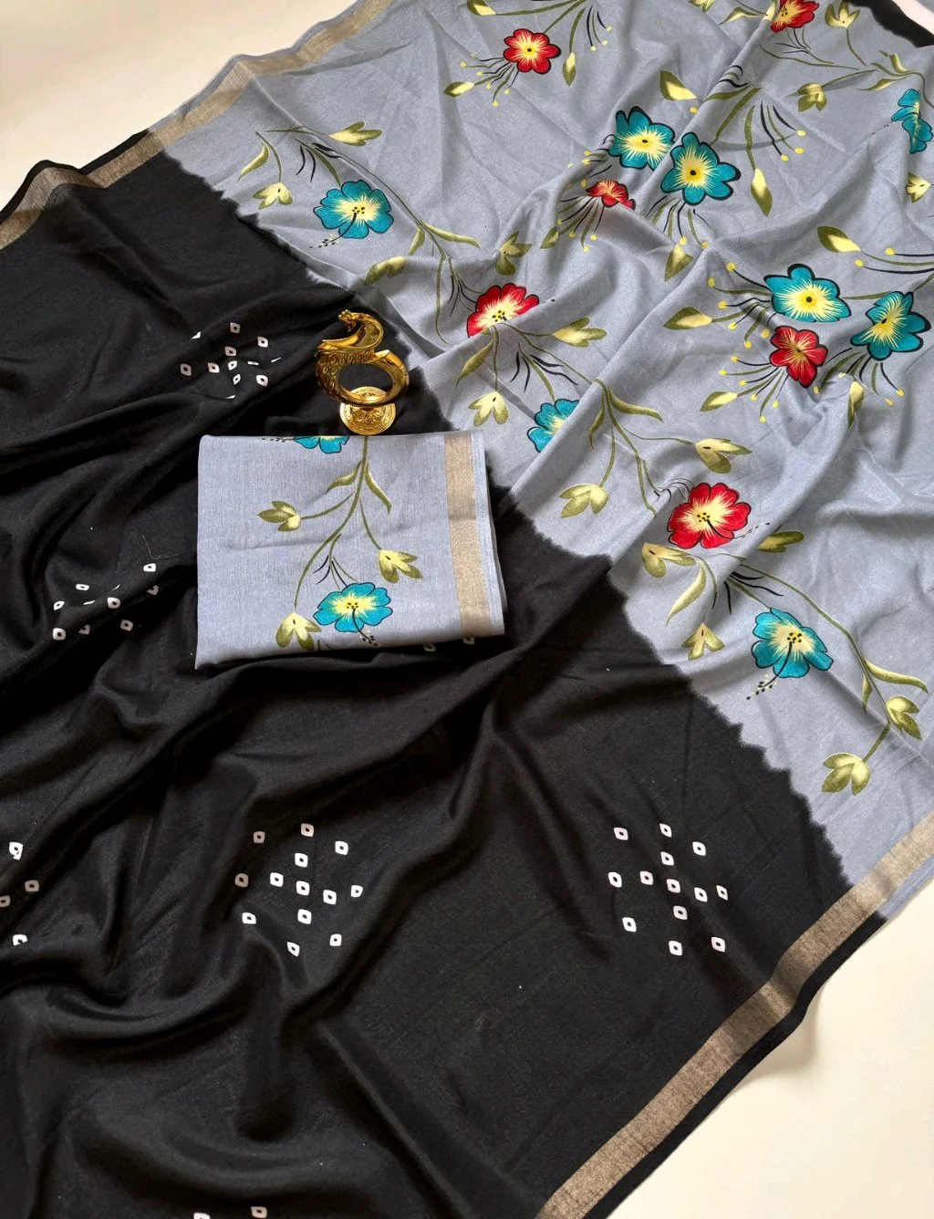 Black Dotted Saree with Floral Print Blouse 2