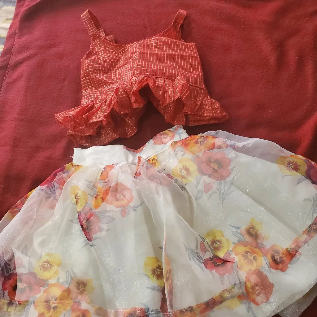 Kids Red Checkered Top and Floral Skirt Set 2