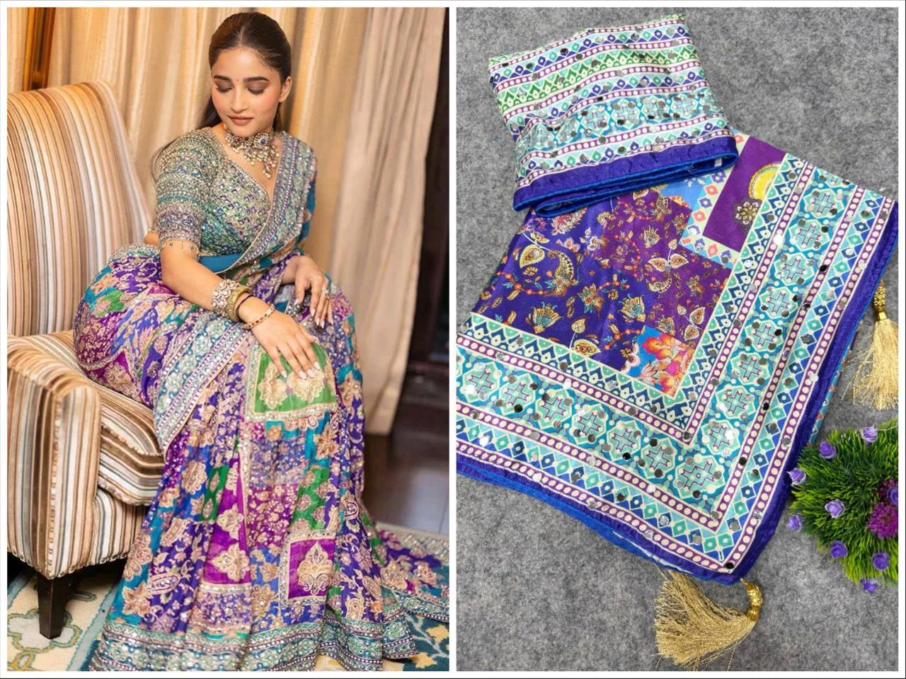 Laya Mam Inspired Viral Trending Saree Multi-Color Embroidered Saree with Mirror Work 1