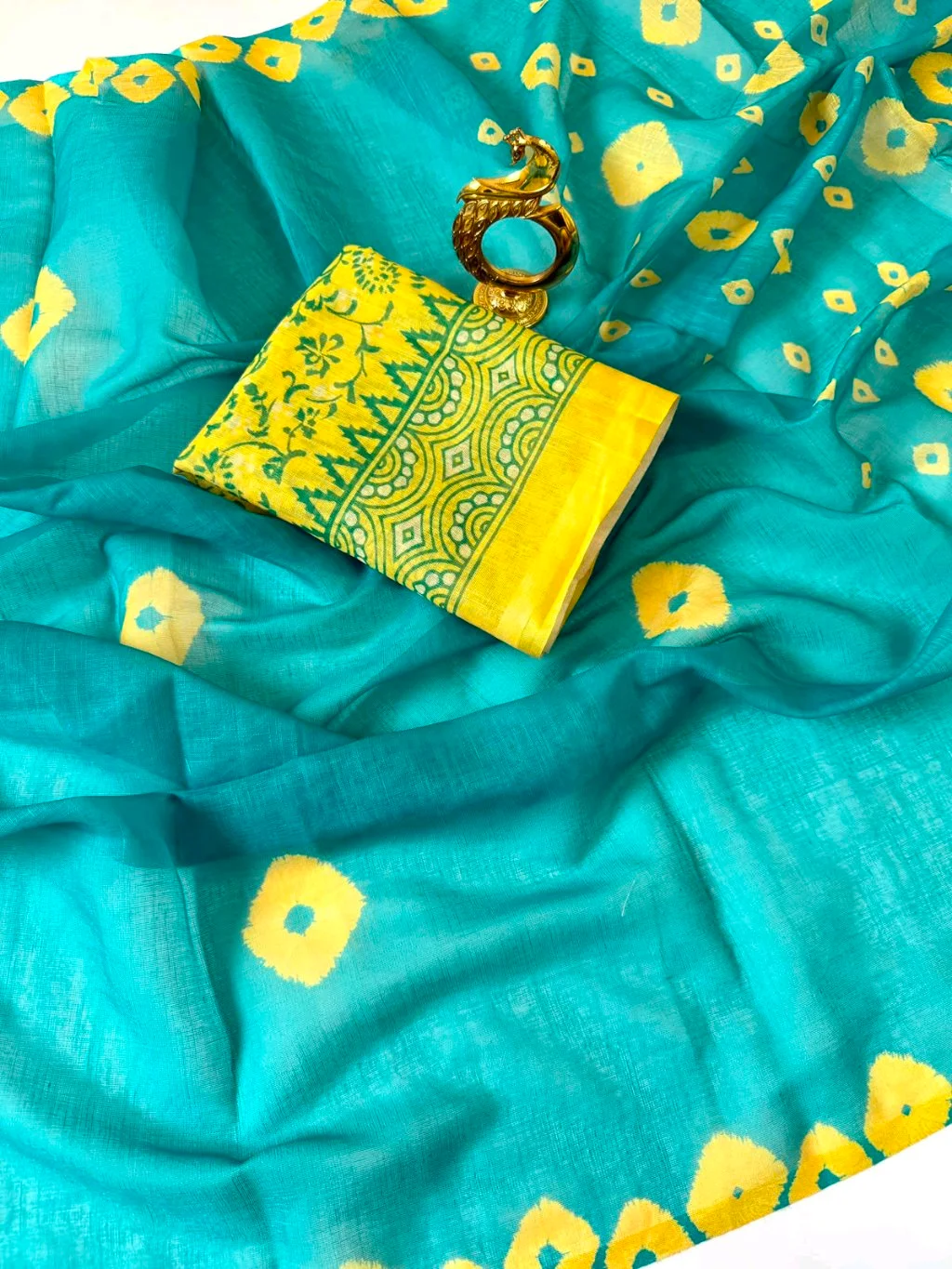 Teal Blue Cotton Saree with Yellow Bandhani Print thumbnail 2