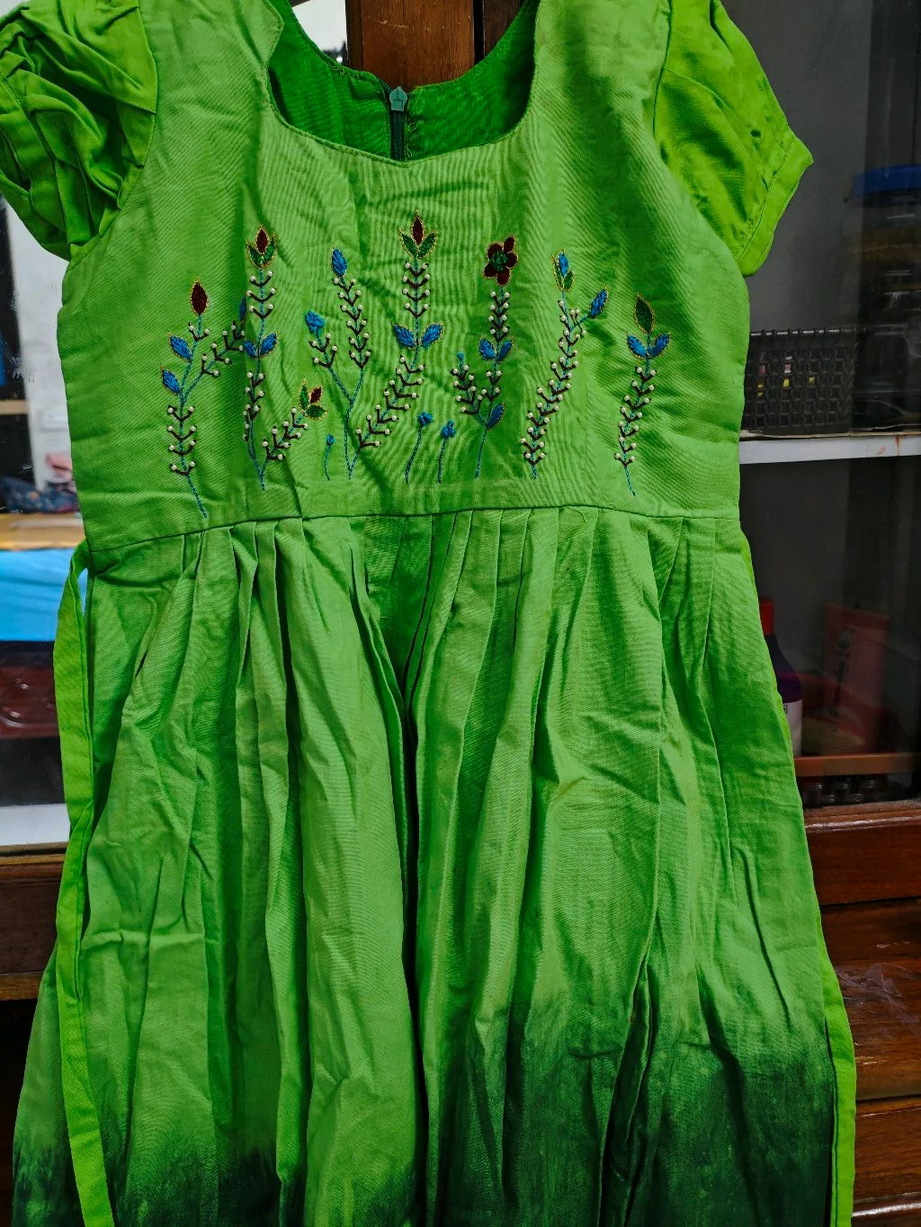 Dual Green Shade Maggam work For Kids Frock