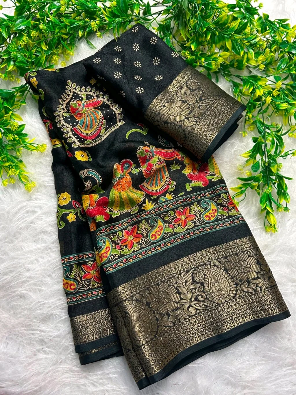 Mass Mellow  Soft Silk Saree with Colorful Folk Art Embroidery and Zari Border 7