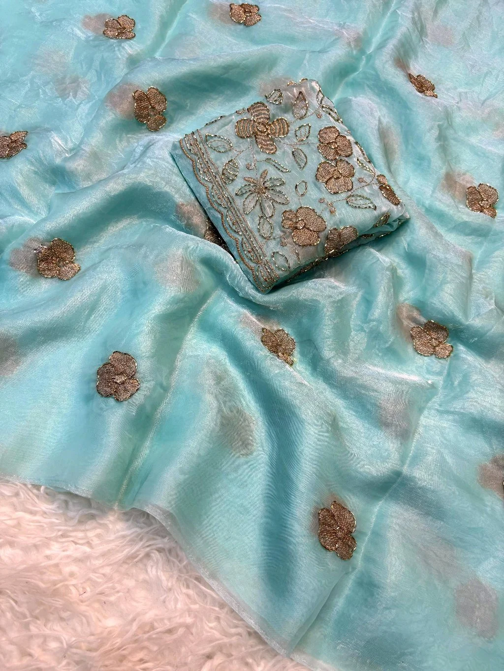 Space Silk Saree Fabric with Gold Floral Embroidery thumbnail 4