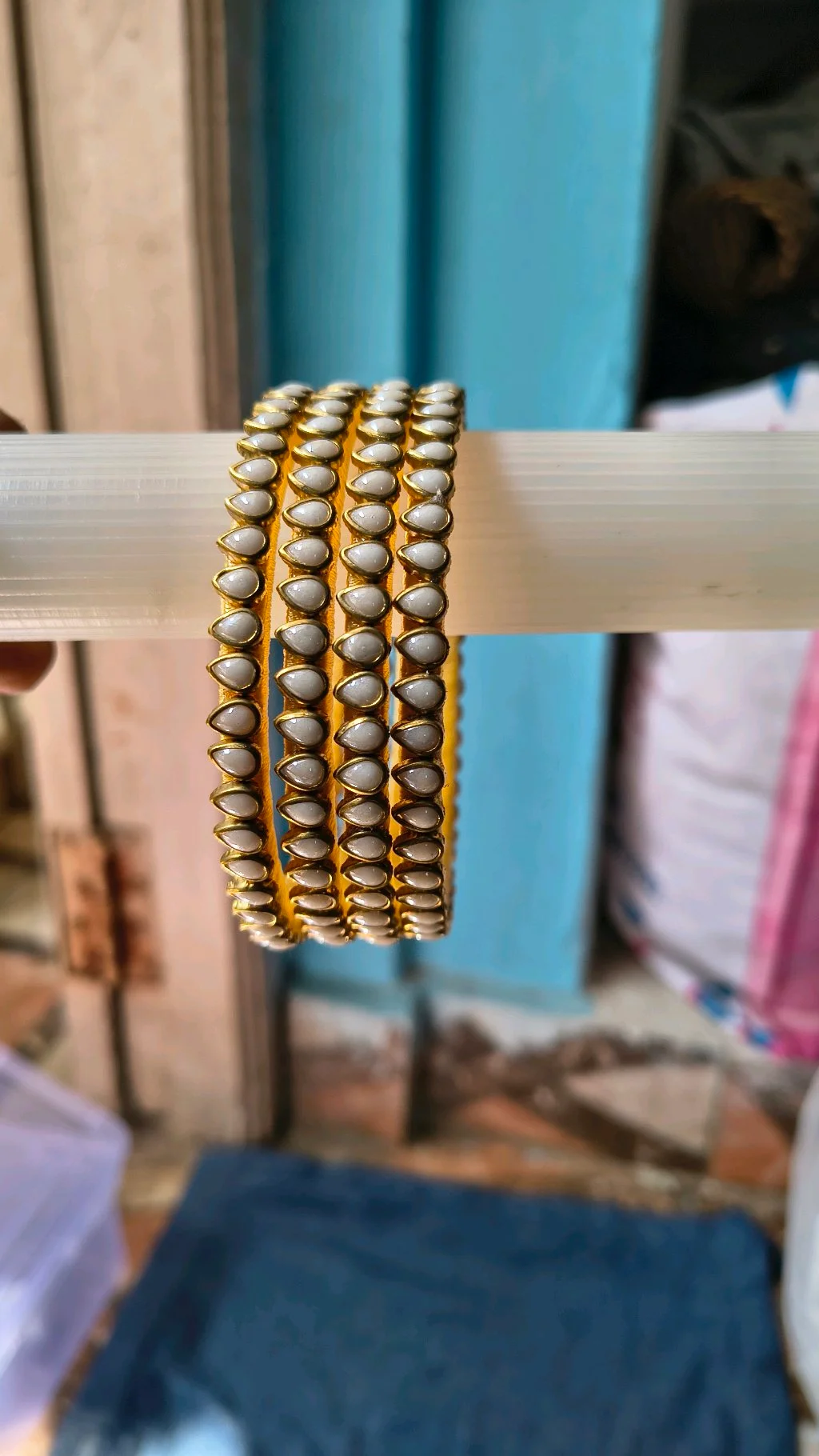 Golden Bangles with White Teardrop Stones 2