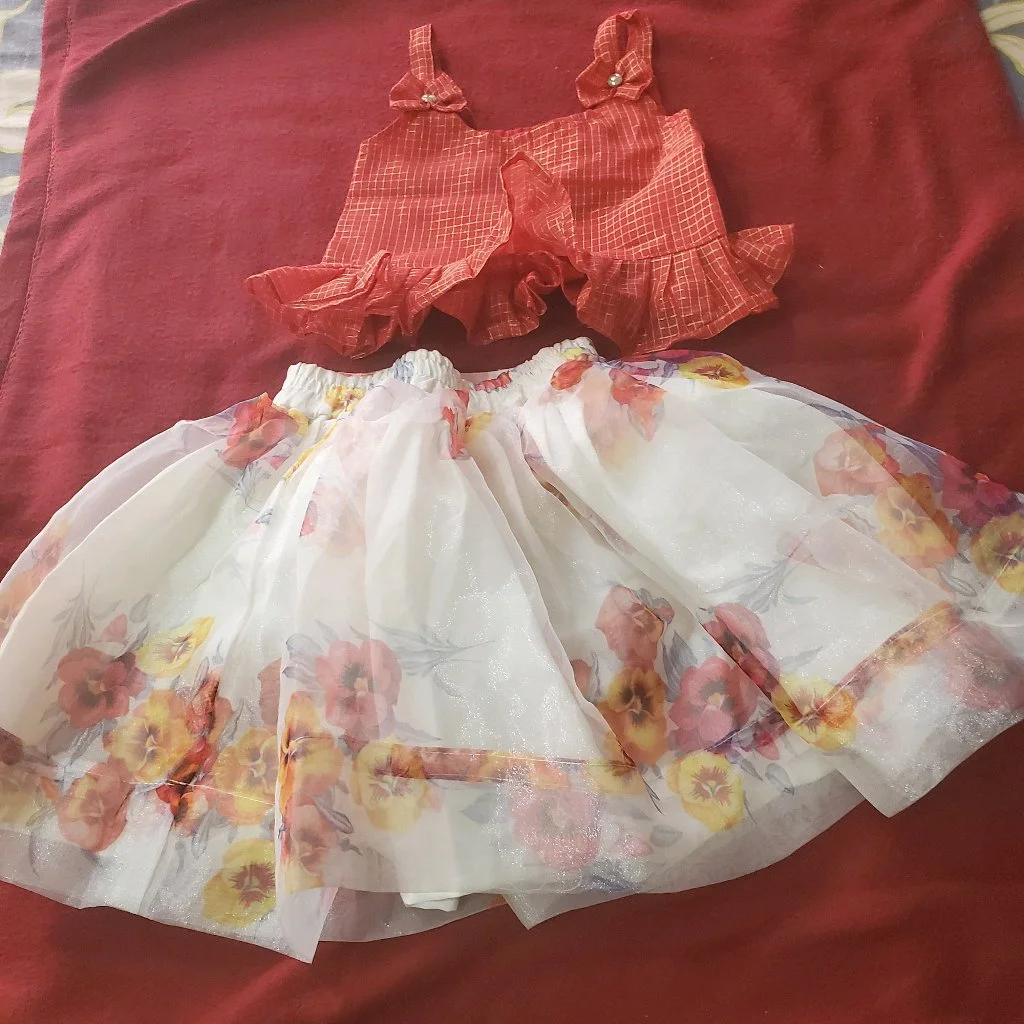 Kids Red Checkered Top and Floral Skirt Set 1