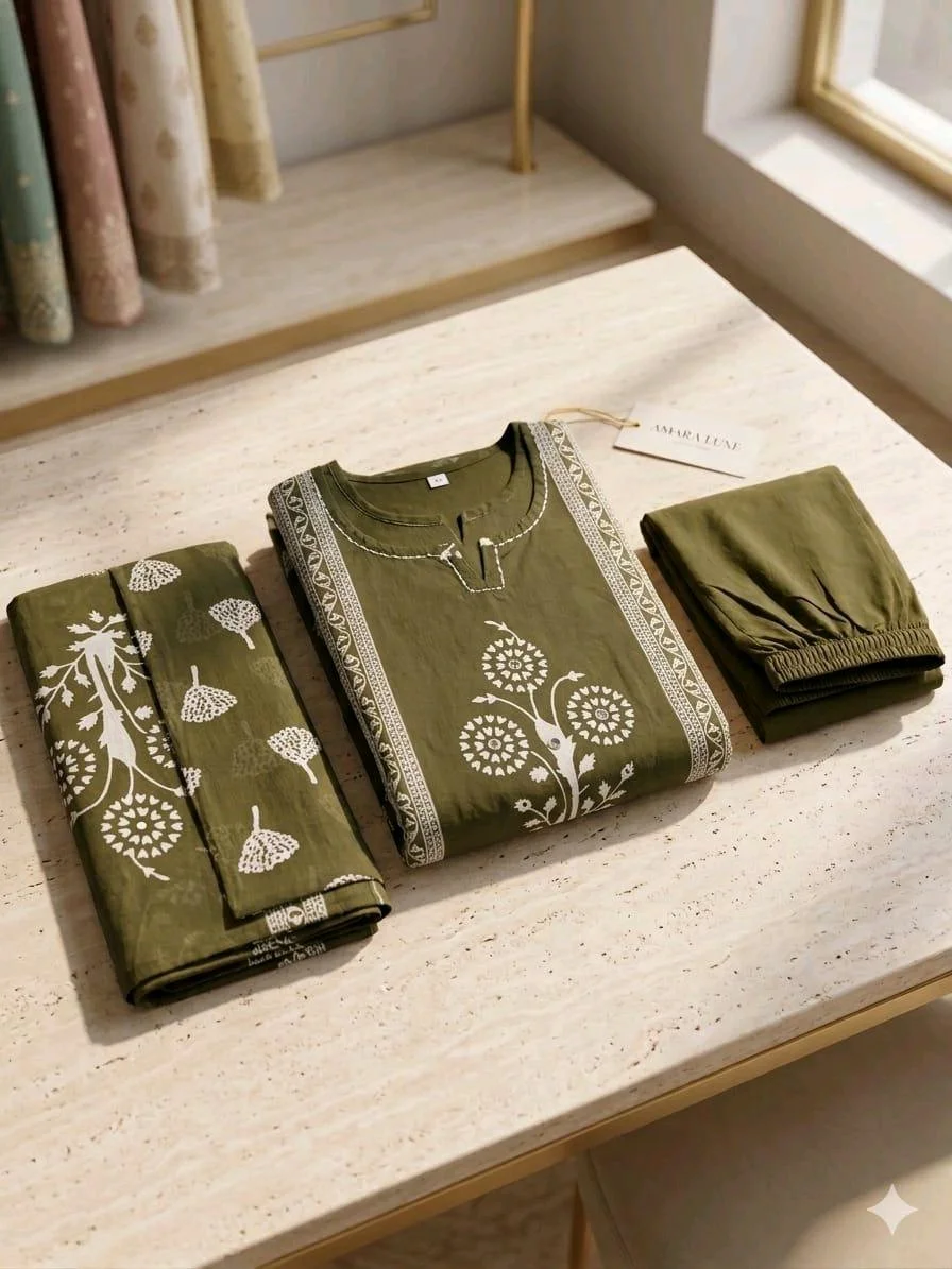 3-piece Kurti Set with Block Print Dupatta and Palazzo thumbnail 2