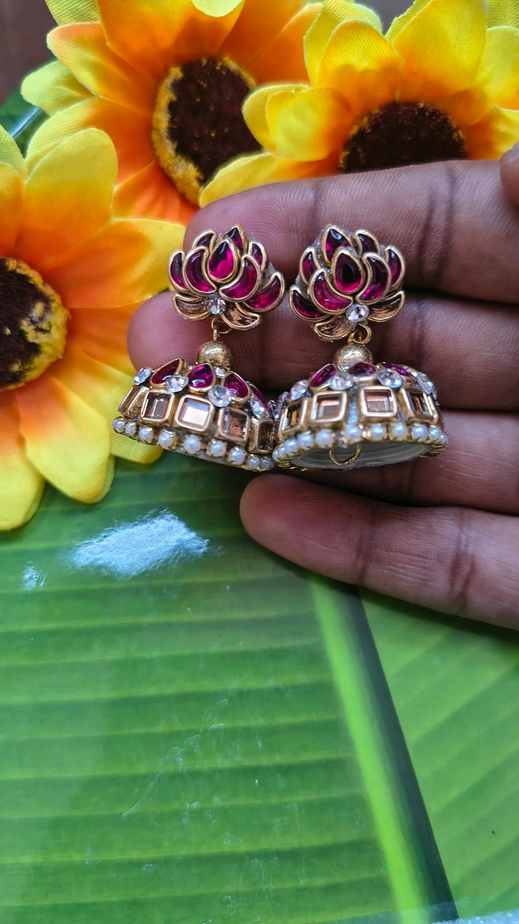 Gold Toned Lotus Jhumka Earrings 2