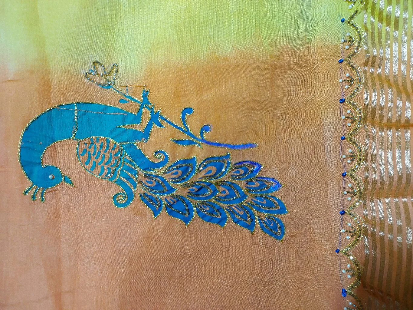 Dual Tone Orange Yellow Saree with Peacock Embroidery thumbnail 2