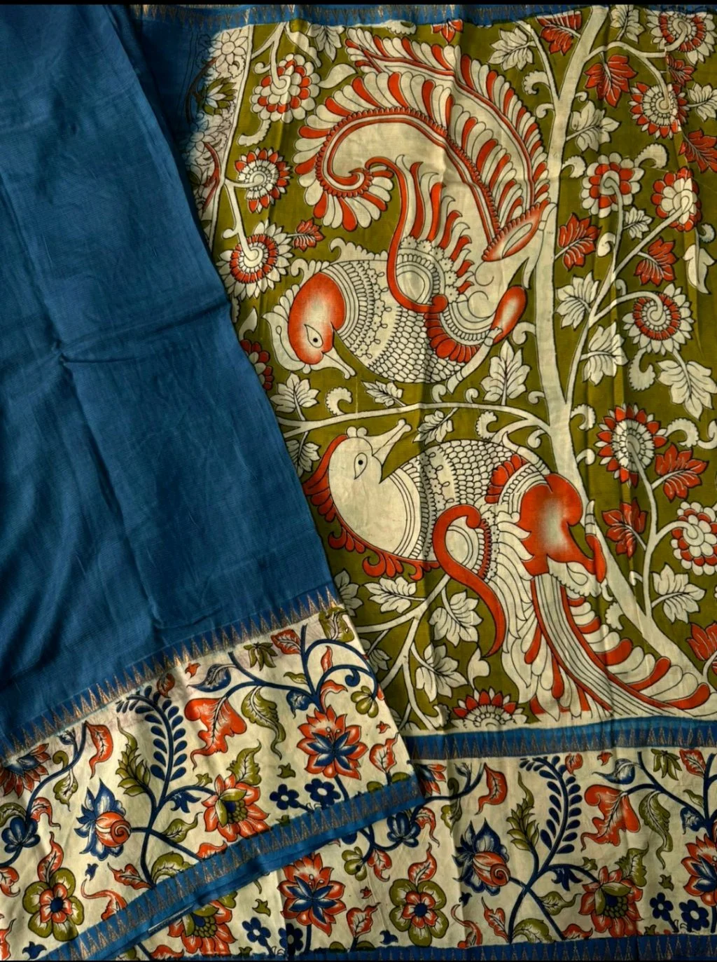 Red Mangalagiri Pattu Saree with Kalamkari Peacock Design thumbnail 5