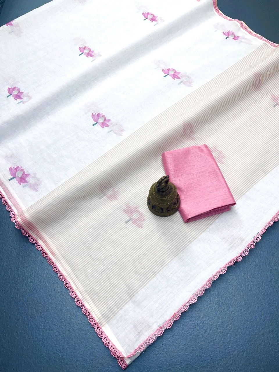White Lenin Saree with Purple Lotus Motifs and Crochet Border 2