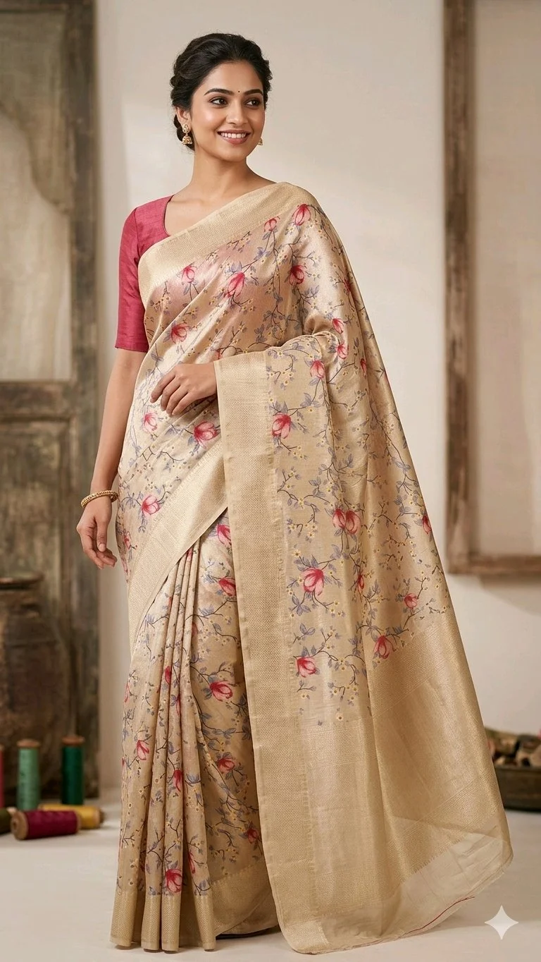 Beige Floral Print Silk Blend Saree , Blouse Part :Same As Saree thumbnail 1