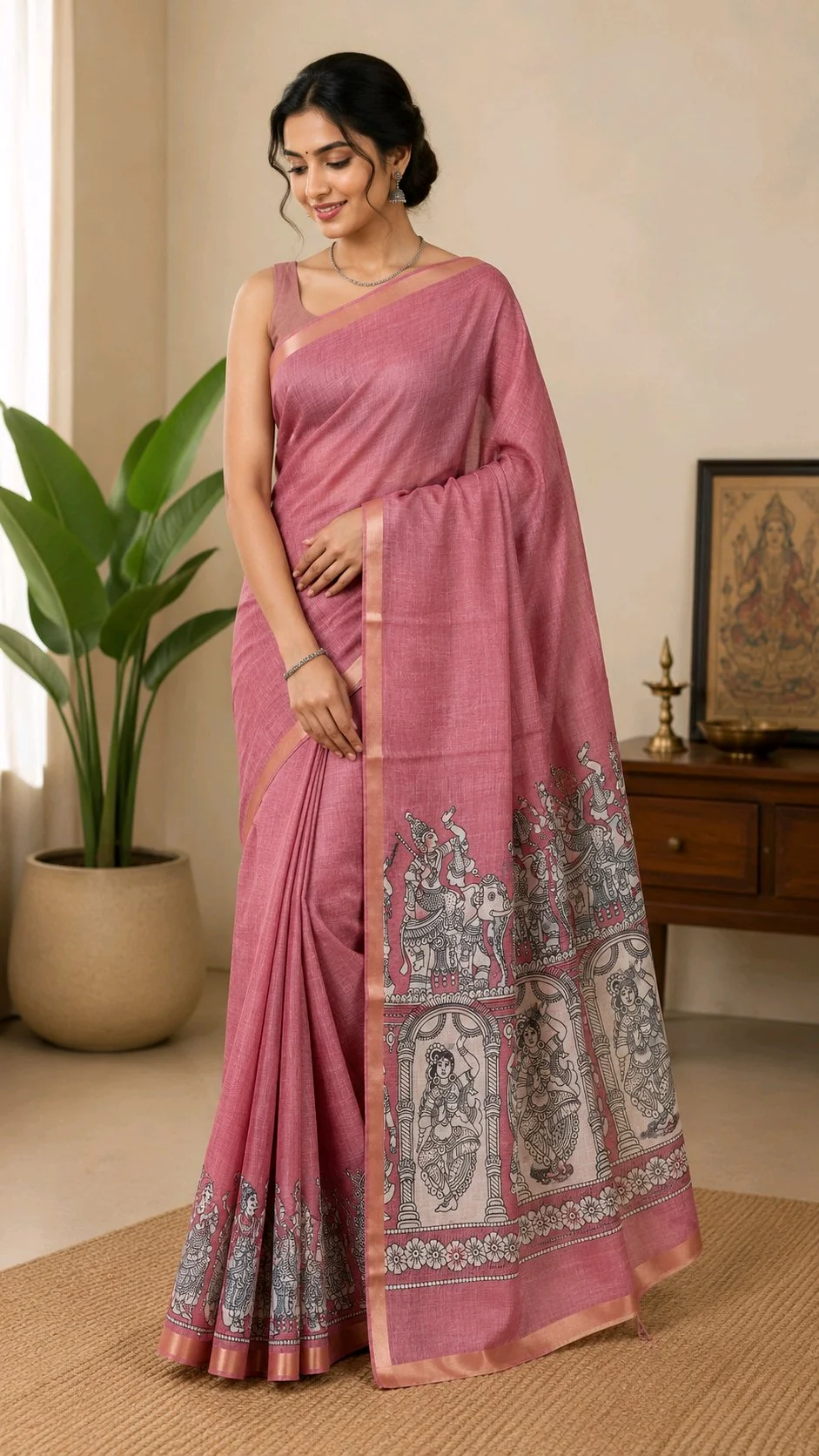 Pink Kalamkari Print Linen Maheshwari Saree thumbnail 1
