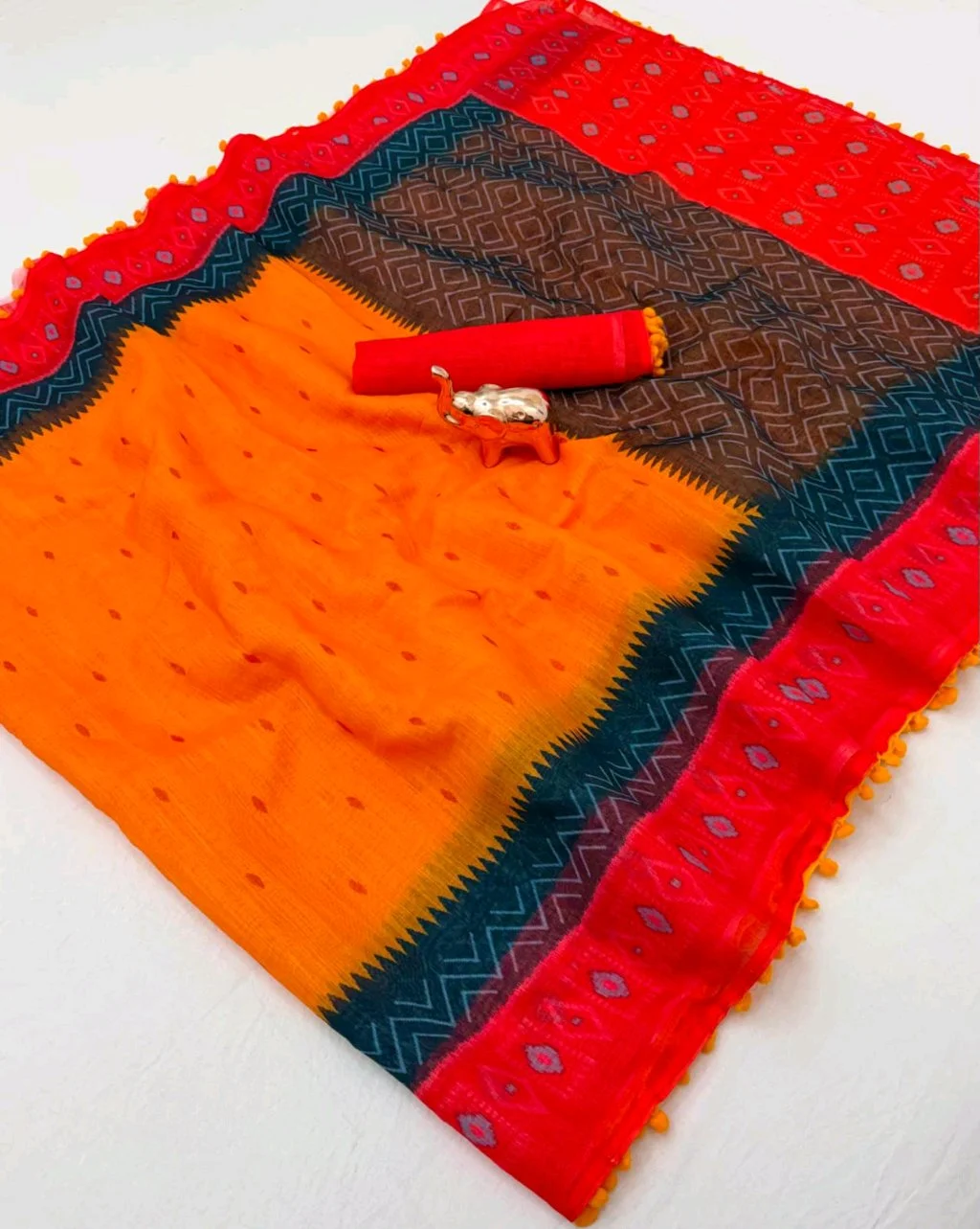 Yellow and Red Printed Saree with Pom Poms 7