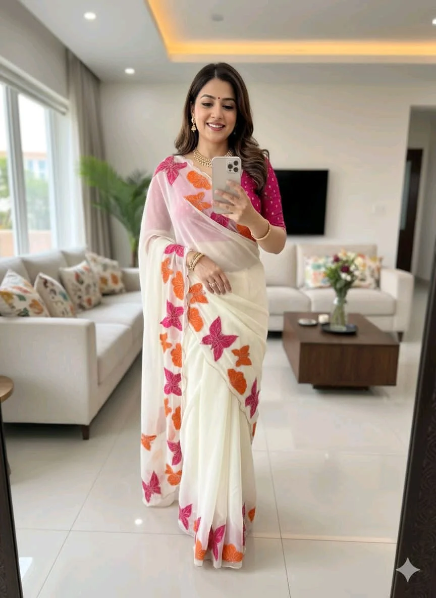 Star Georgett Saree with Butterfly Applique 3