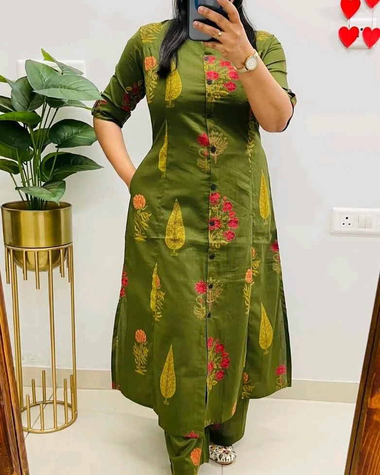 Olive Green Floral Printed Kurta Pant Set