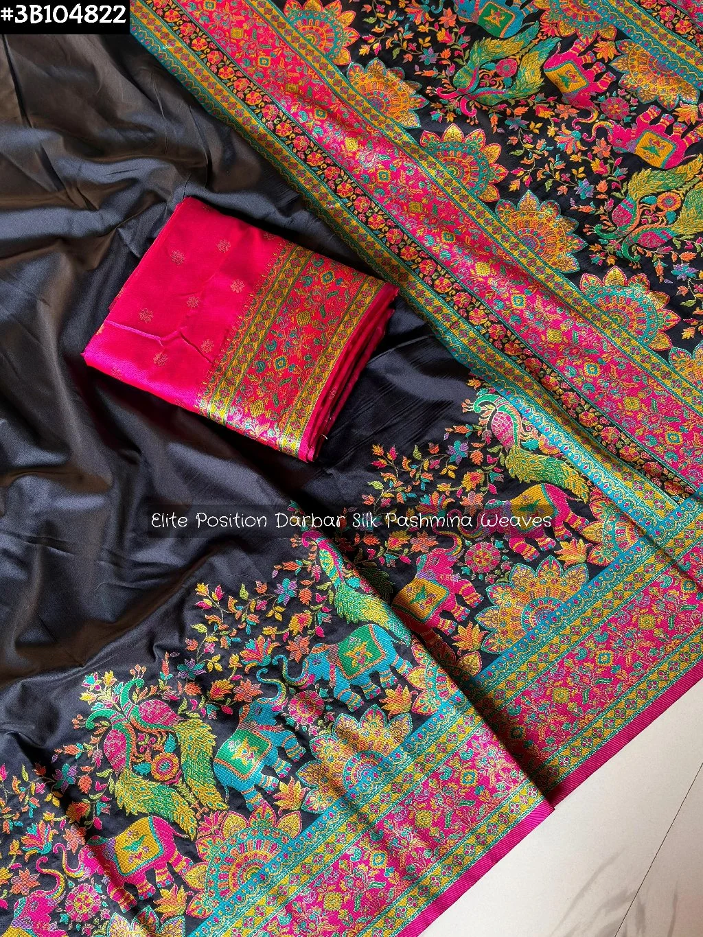 Black Darbar Silk Pashmina Saree with Multicolor Weaves 1