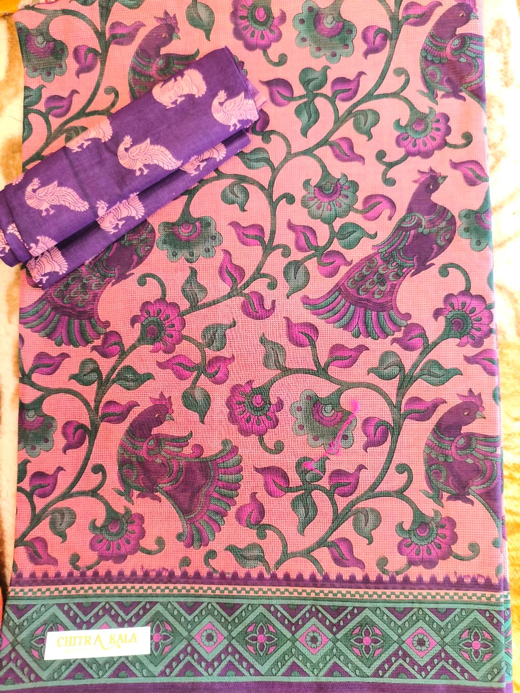 Chitra Kala Pink Cotton Saree with Peacock and Floral Print