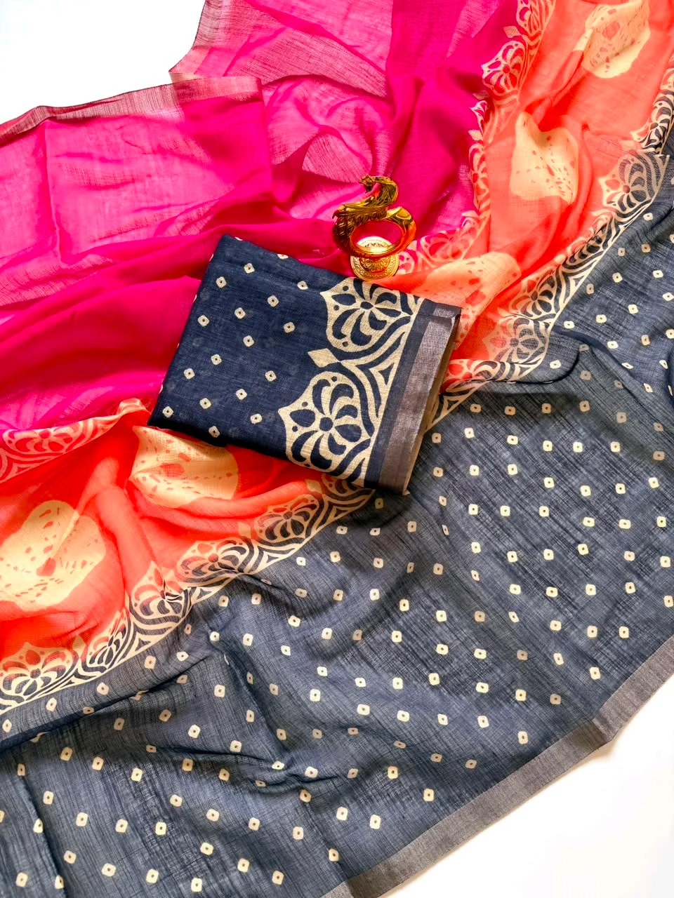 Rani Pink Saree with Black Floral Block Print and Printed Blouse thumbnail 3